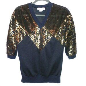 PARTY TOP womens GOLD BLACK vintage European Club Sz M MADE IN USA V neck